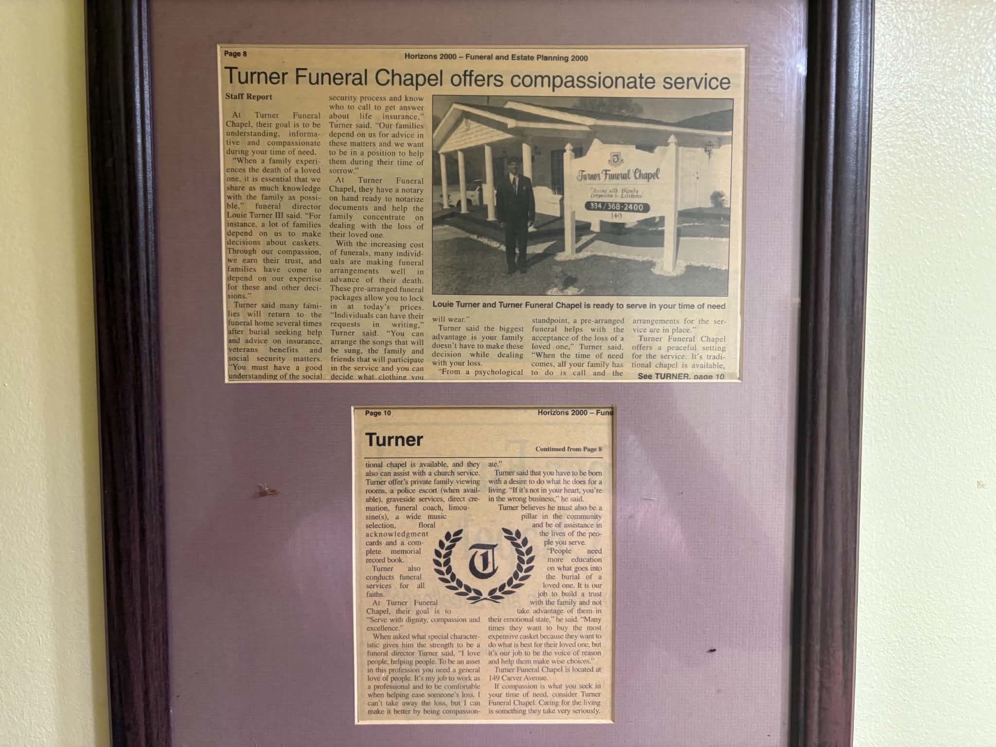 Two framed clippings of the Horizons 2000 article “Turner Funeral Chapel offers compassionate service.”