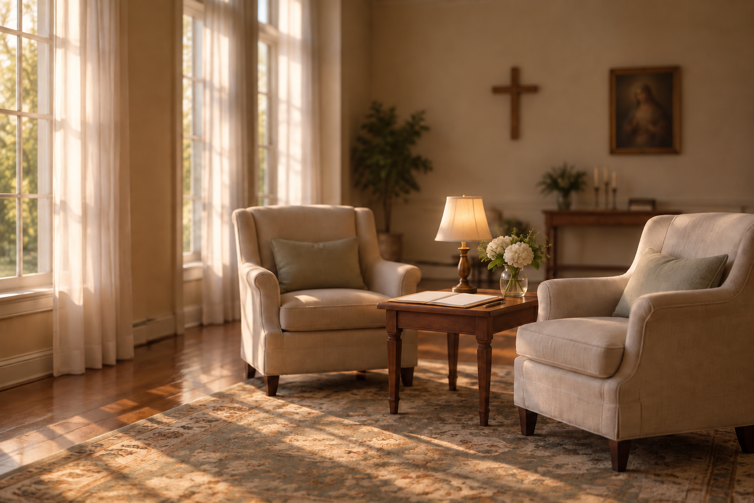 Two soft armchairs beside a low table in the chapel’s arrangement room, where a family sits down with the funeral director.