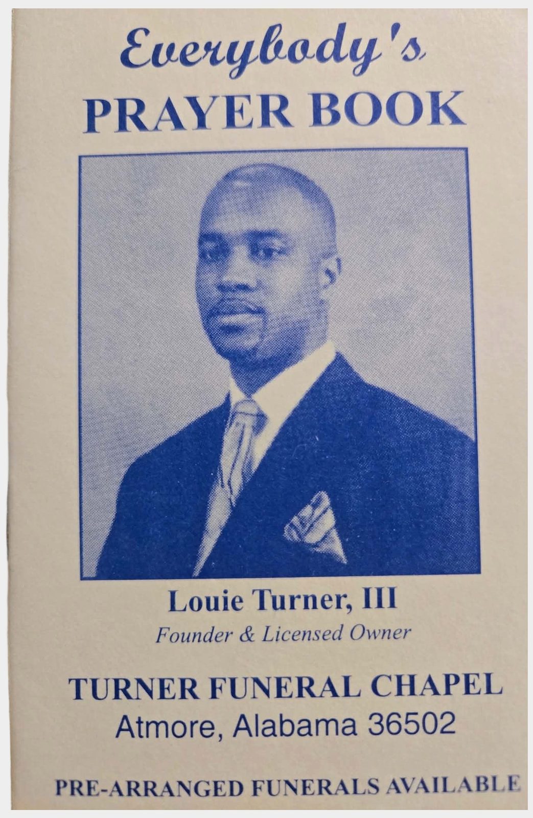 The cover of Everybody’s Prayer Book, printed for Turner Funeral Chapel in Atmore, Alabama.