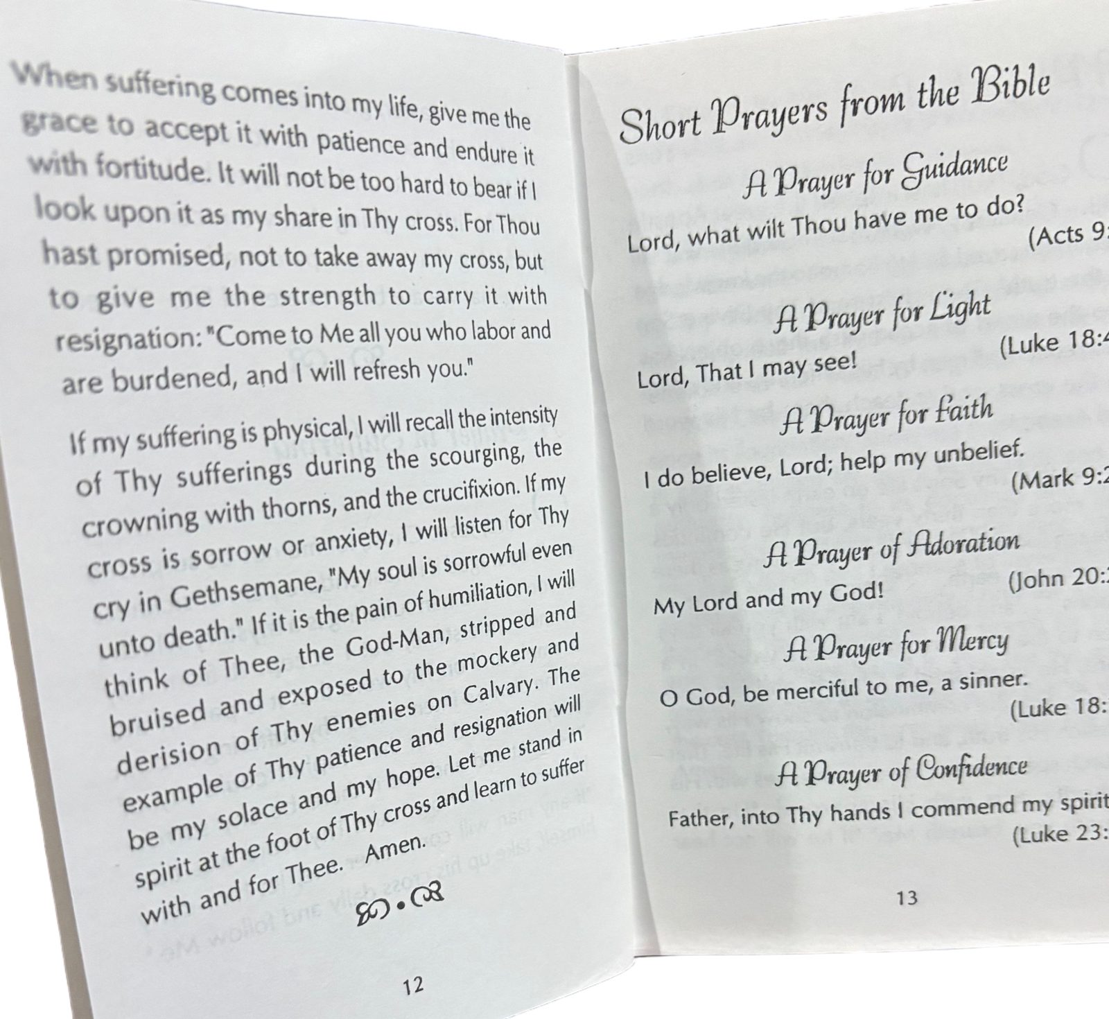 Pages 12 and 13 of Everybody’s Prayer Book, open to a prayer on suffering and to Short Prayers from the Bible.