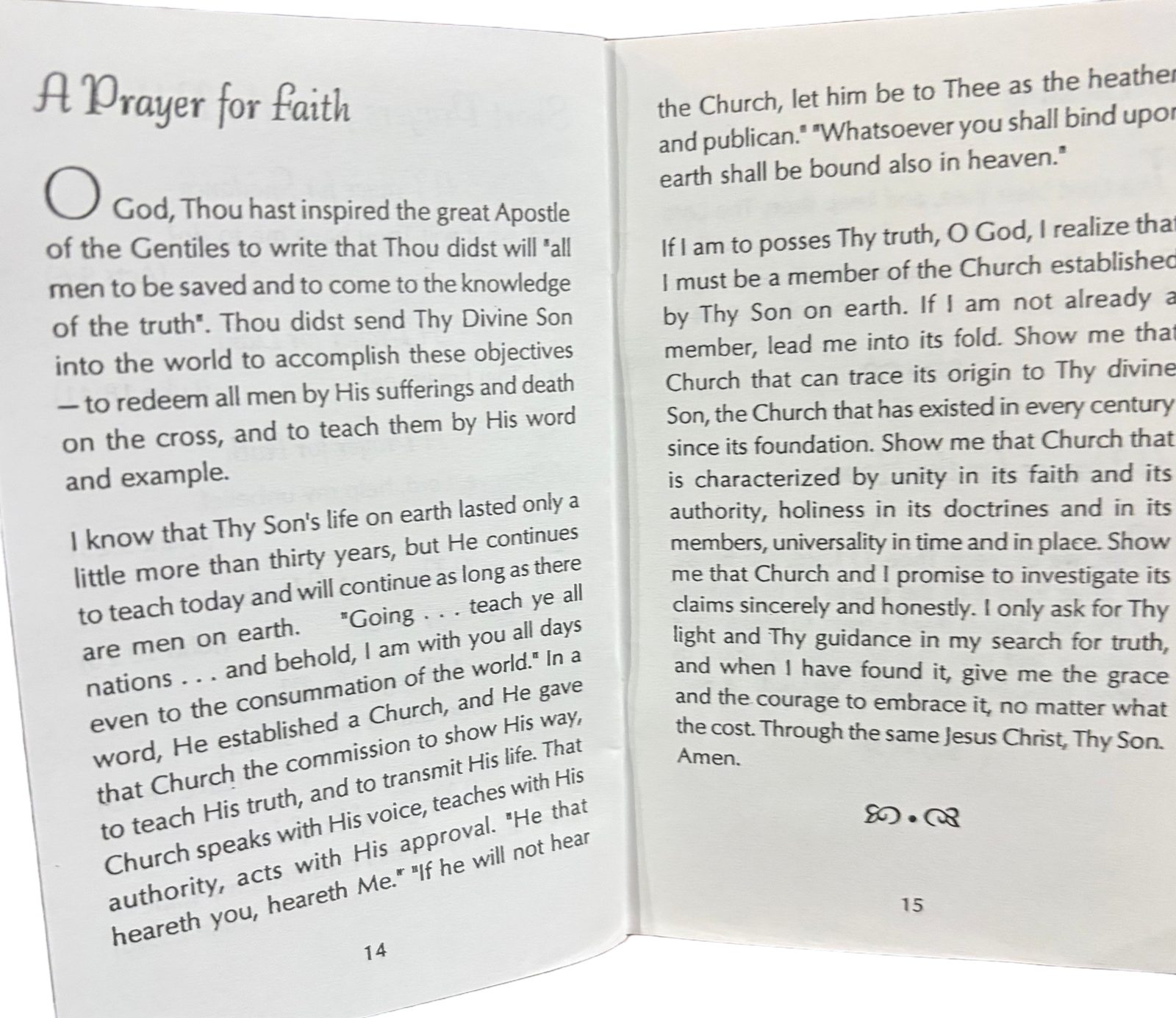 Pages 14 and 15 of Everybody’s Prayer Book, open to A Prayer for Faith.